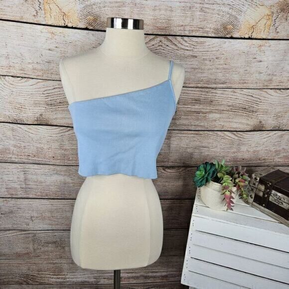 24colours Tops - 24colours Baby Blue One-Shoulder Ribbed Crop Top Women's Size S Sleeveless
